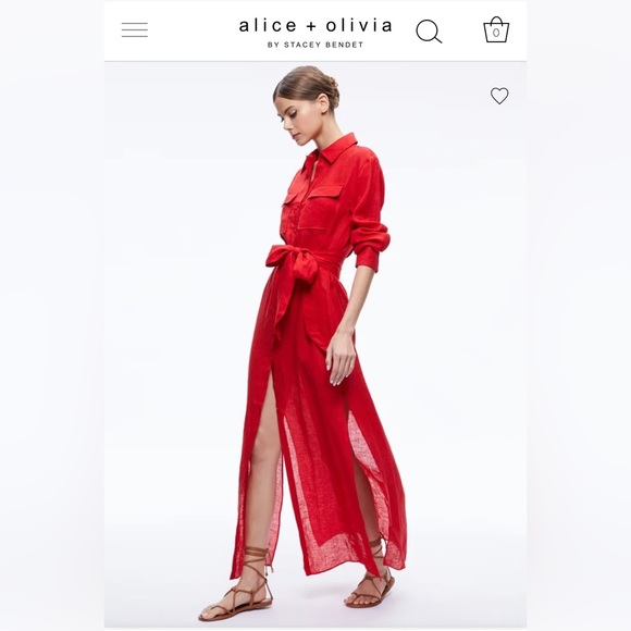 ALICE & OLIVIA KFARA UNEN MAXI SHIRT RED DRESS SIZE SMALL - Picture 4 of 5